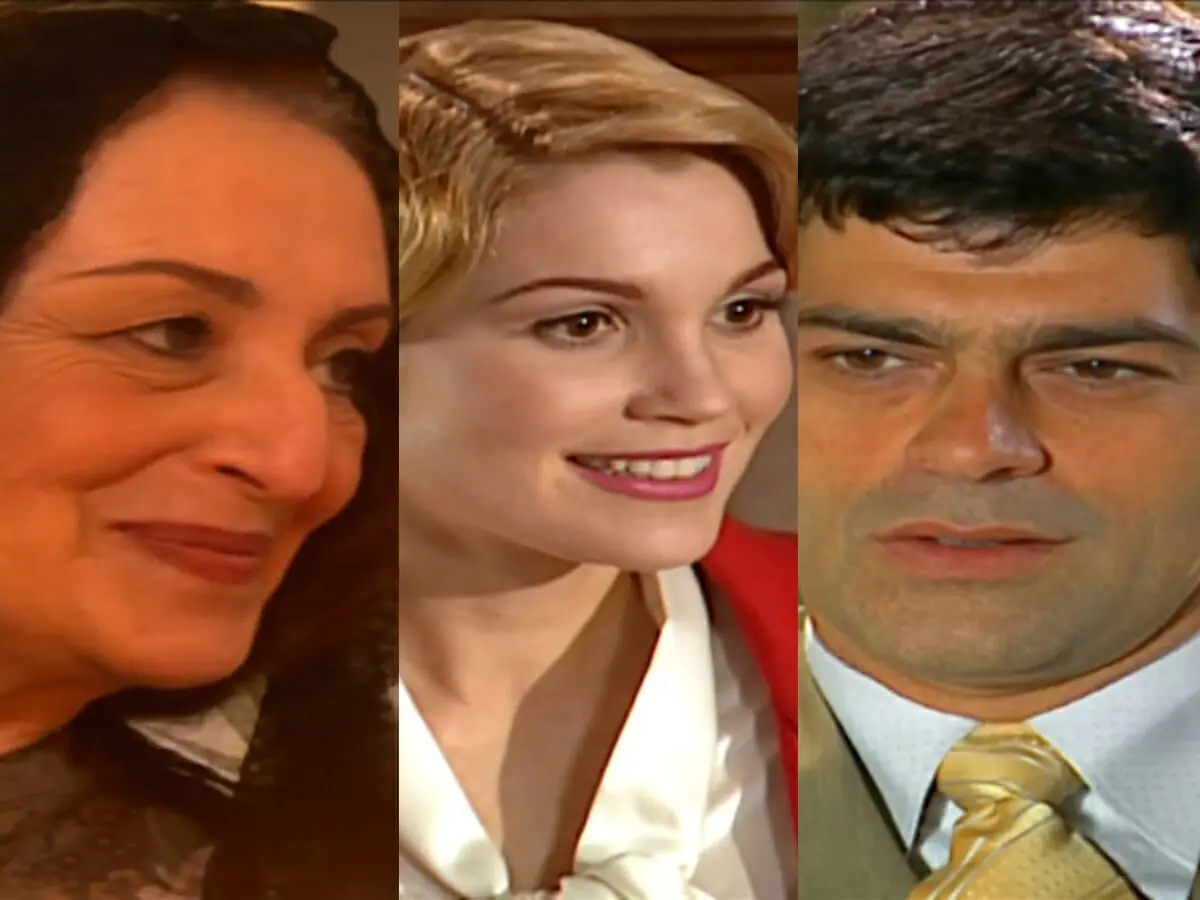 Débora (Ana Lucia Torre), Cristina (Flávia Alessandra) e Rafael (Eduardo Moscovis) de Alma Gêmea