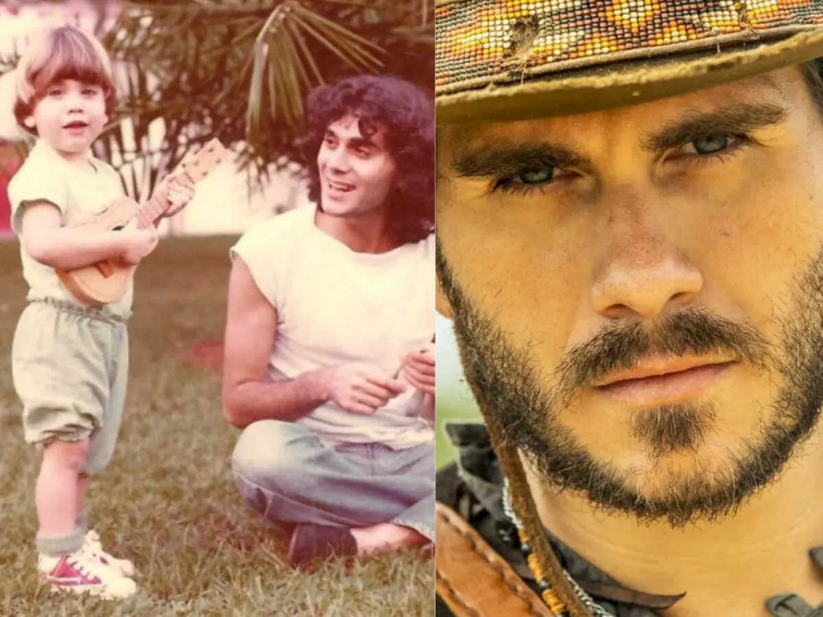 Gabriel Sater criança com o pai, Almir Sater, e ao lado em Pantanal (Reprodução)