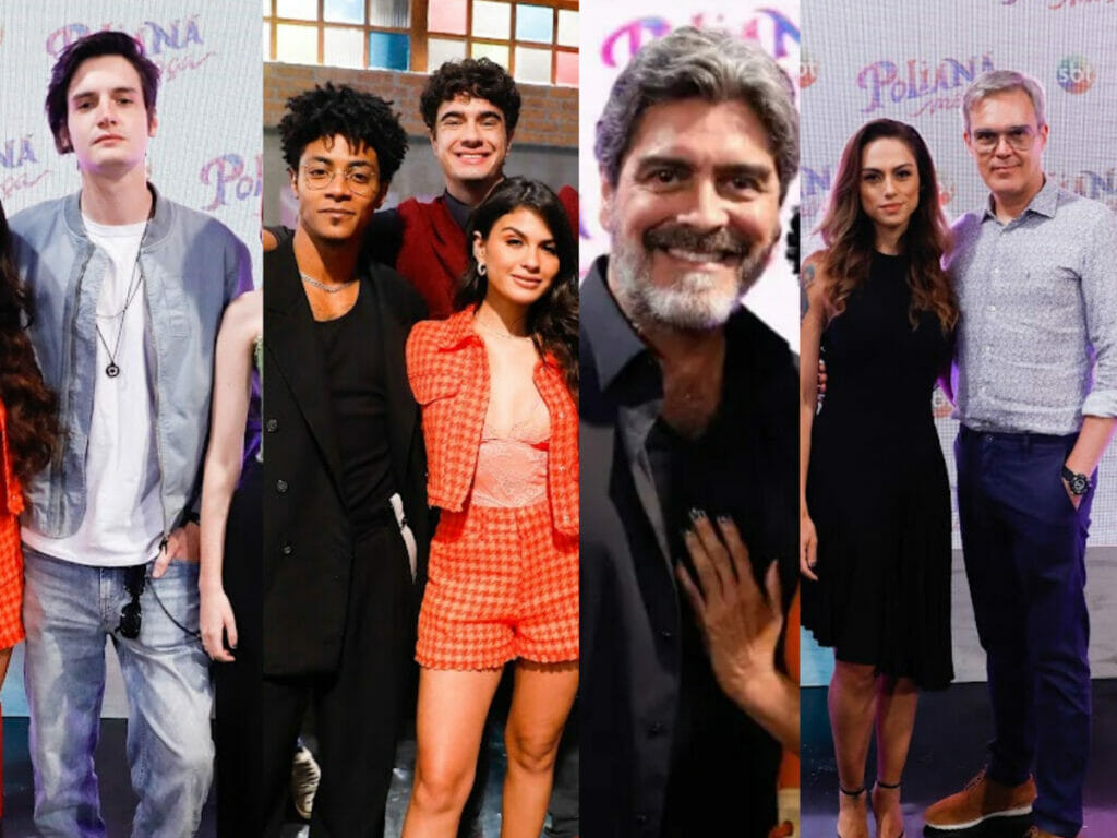 Giovanni de Lorenzi, Humberto Morais e Thiago Franzé, Junno Andrade e Ana Paula Lima ao lado de Dalton Vigh em Poliana Moça