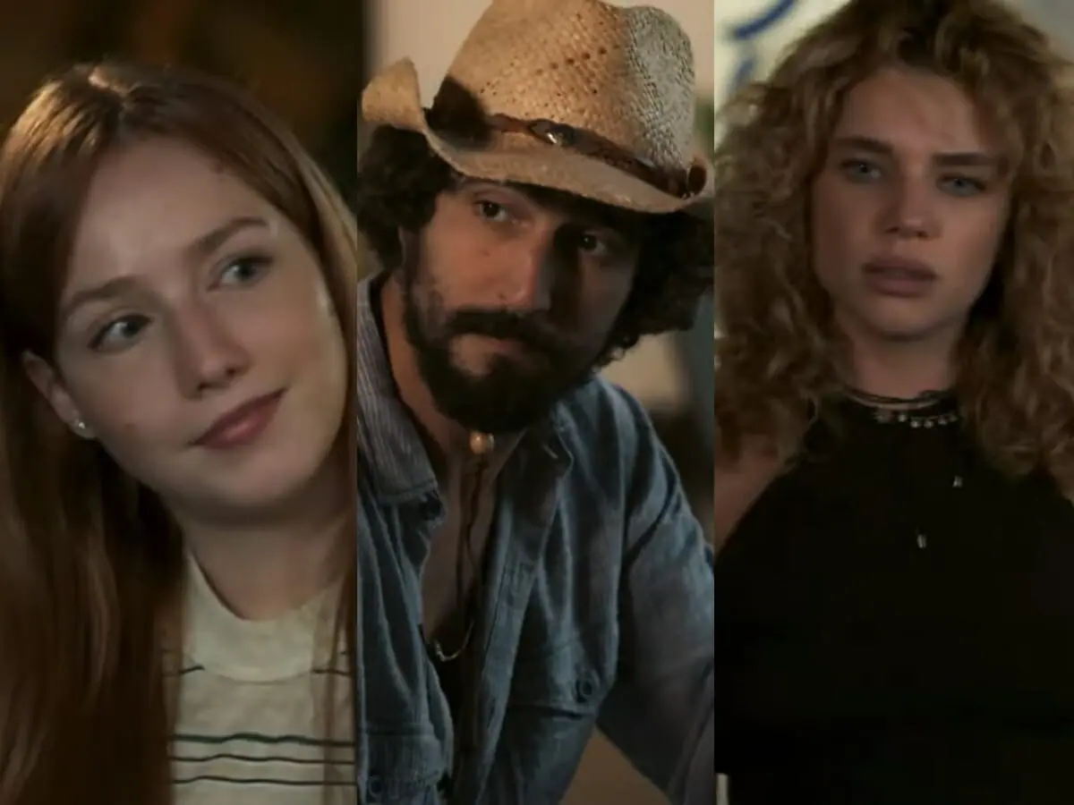 Irma (Malu Rodrigues), José Leôncio (Renato Goés) e Madeleine (Bruna Linzmeyer) de Pantanal