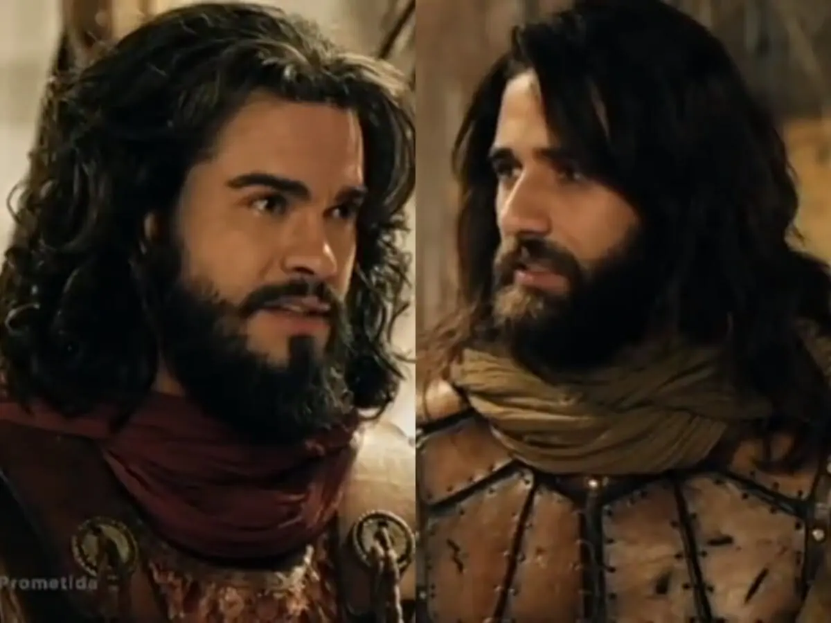 Josué (Sidney Sampaio) e Salmon (Rafael Sardão) de A Terra Prometida