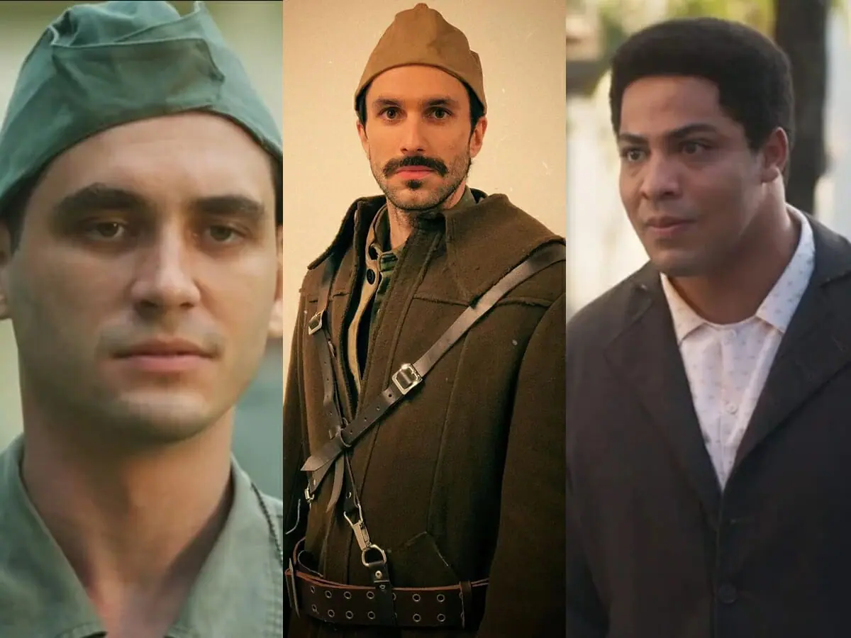 Lorenzo (Guilherme Prates) e Bento (Matheus Dias) com Lucas Drummond, que será soldado alemão em Além da Ilusão