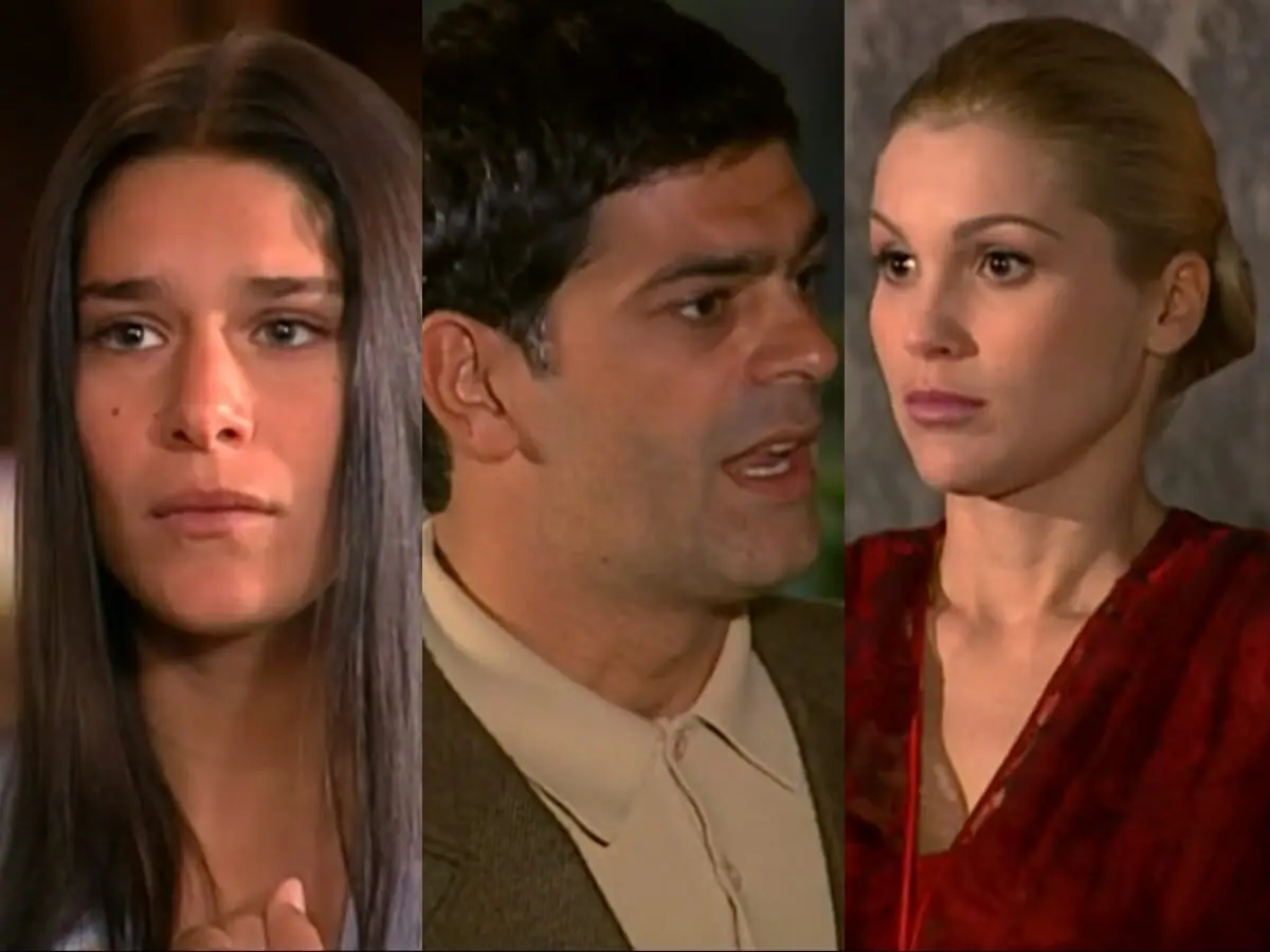 Serena (Priscila Fantin), Rafael (Eduardo Moscovis) e Cristina (Flávia Alessandra) de Alma Gêmea