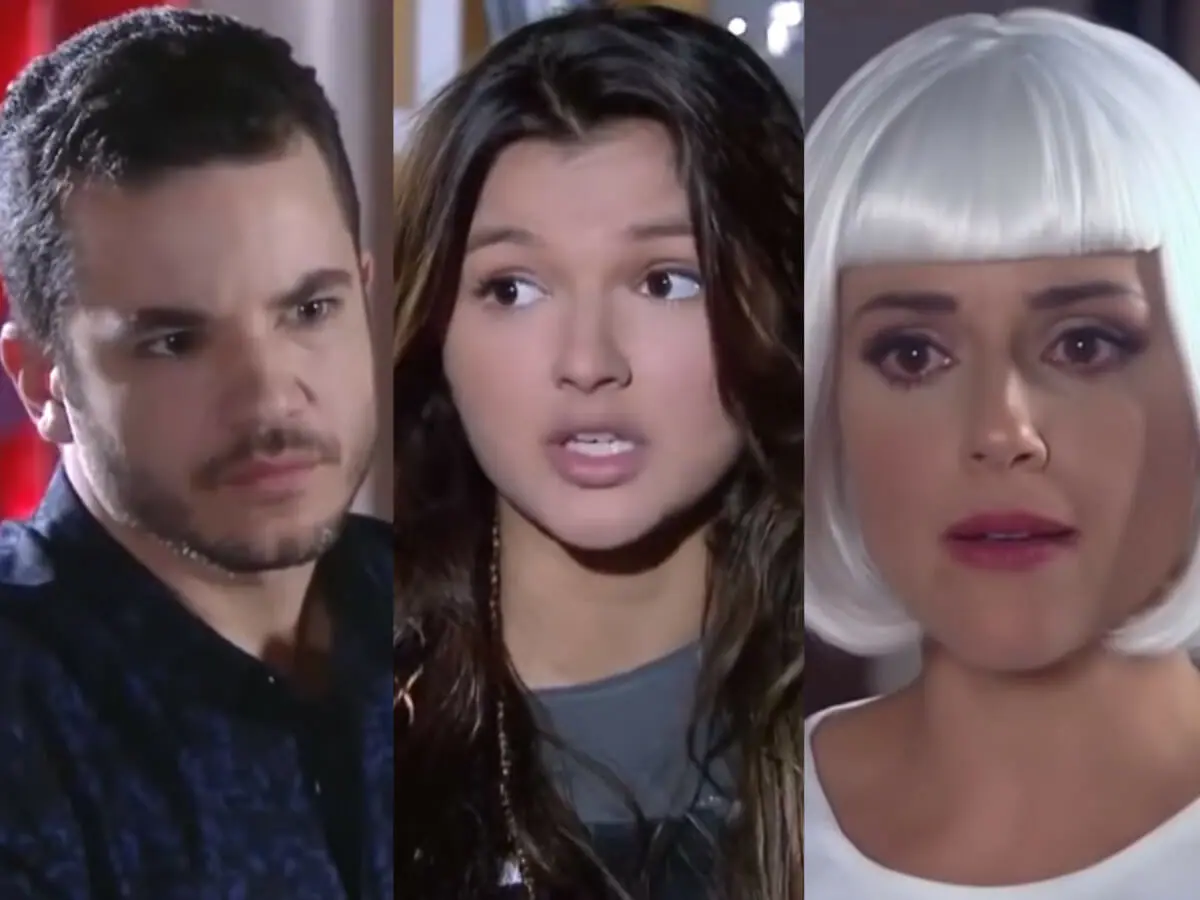 Vítor (Thiago Mendonça), Cassandra (Bárbara Maia) e Estefânia (Priscila Sol) em Carinha de Anjo