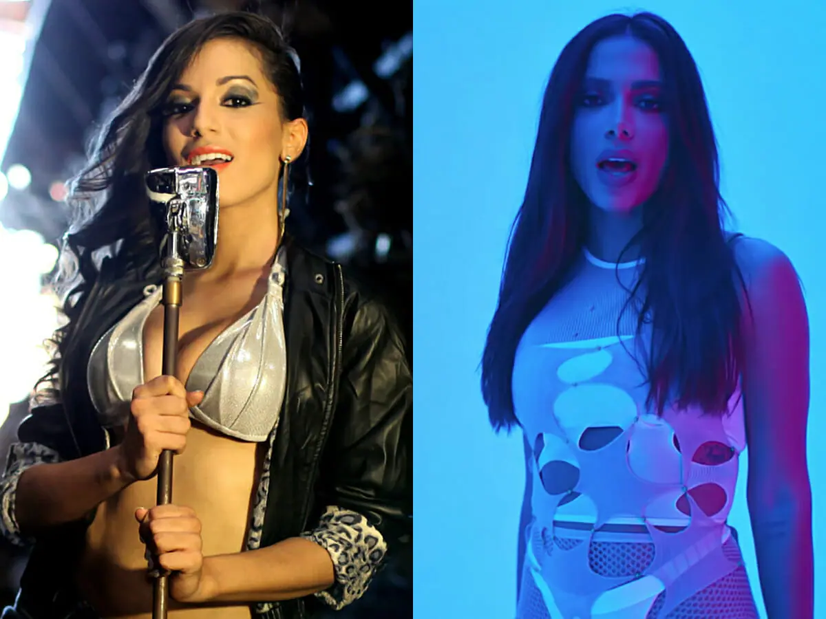 Anitta nos clipes de Menina Má, em 2012, e Envolver, em 2022
