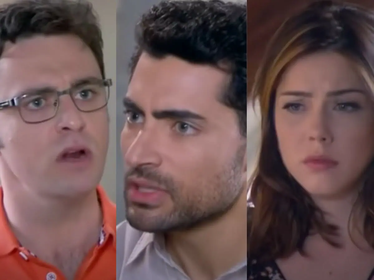 Cristóvão (Guilherme Gorski), Gustavo (Carlo Porto) e Cecília (Bia Arantes)
