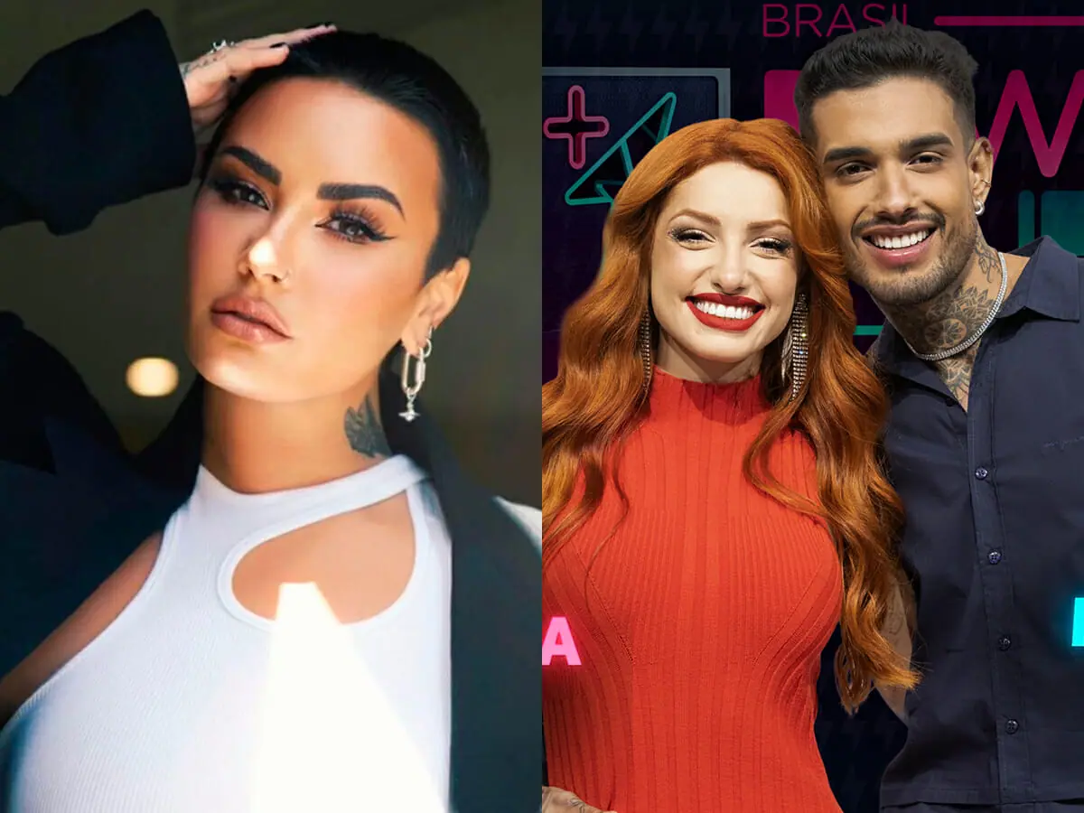 Demi Lovato e o casal Brenda Paixão e Matheus Sampaio, que estão no Power Couple Brasil