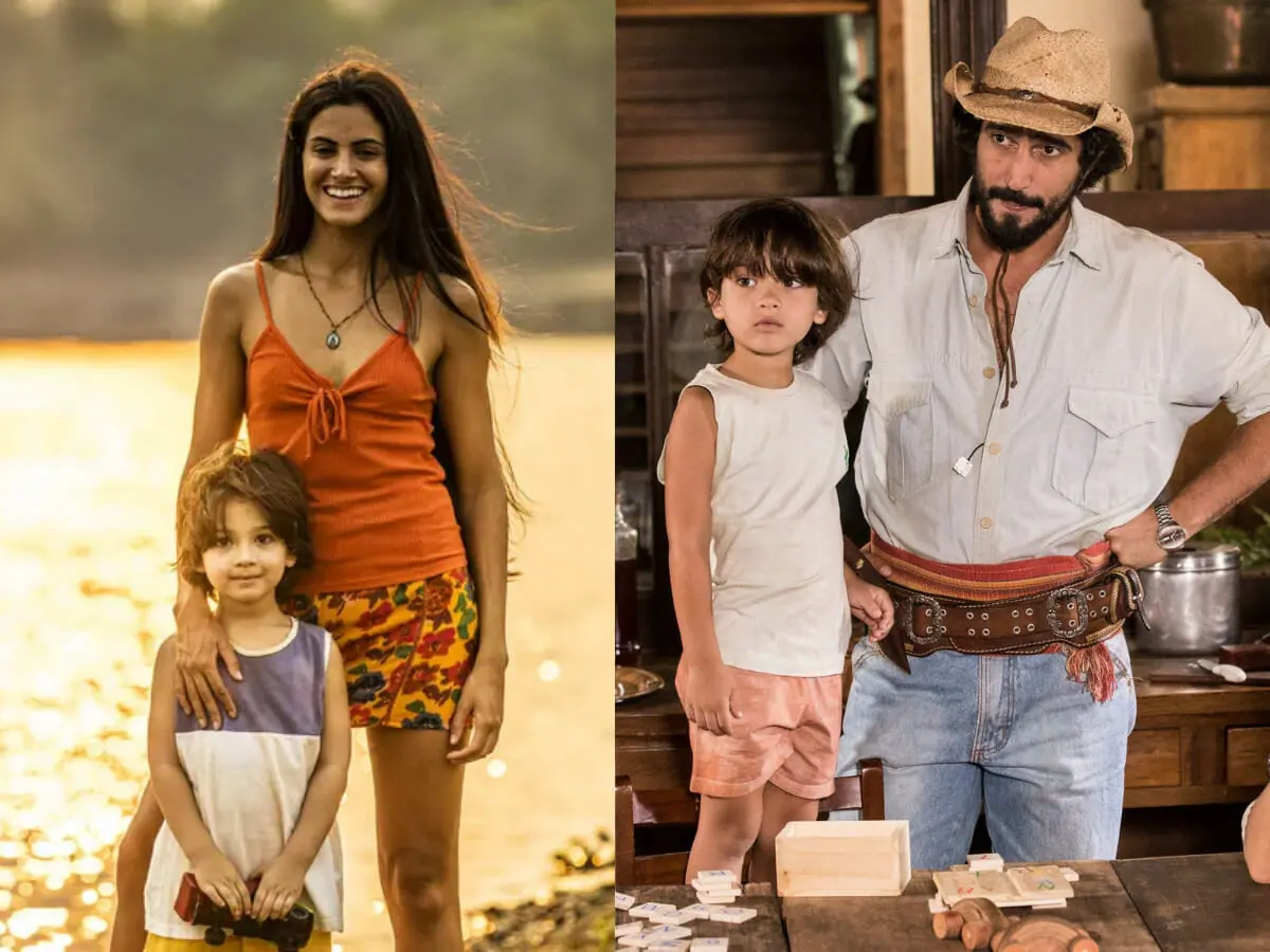 Filó (Letícia Salles) e Tadeu; ao lado José Leôncio (Renato Góes) com Tadeu na novela Pantanal