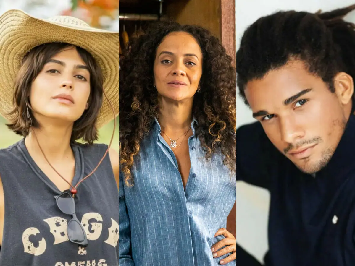 Guta (Julia Dalavia), Zuleica (Aline Borges) e Marcelo (Lucas Leto) em Pantanal