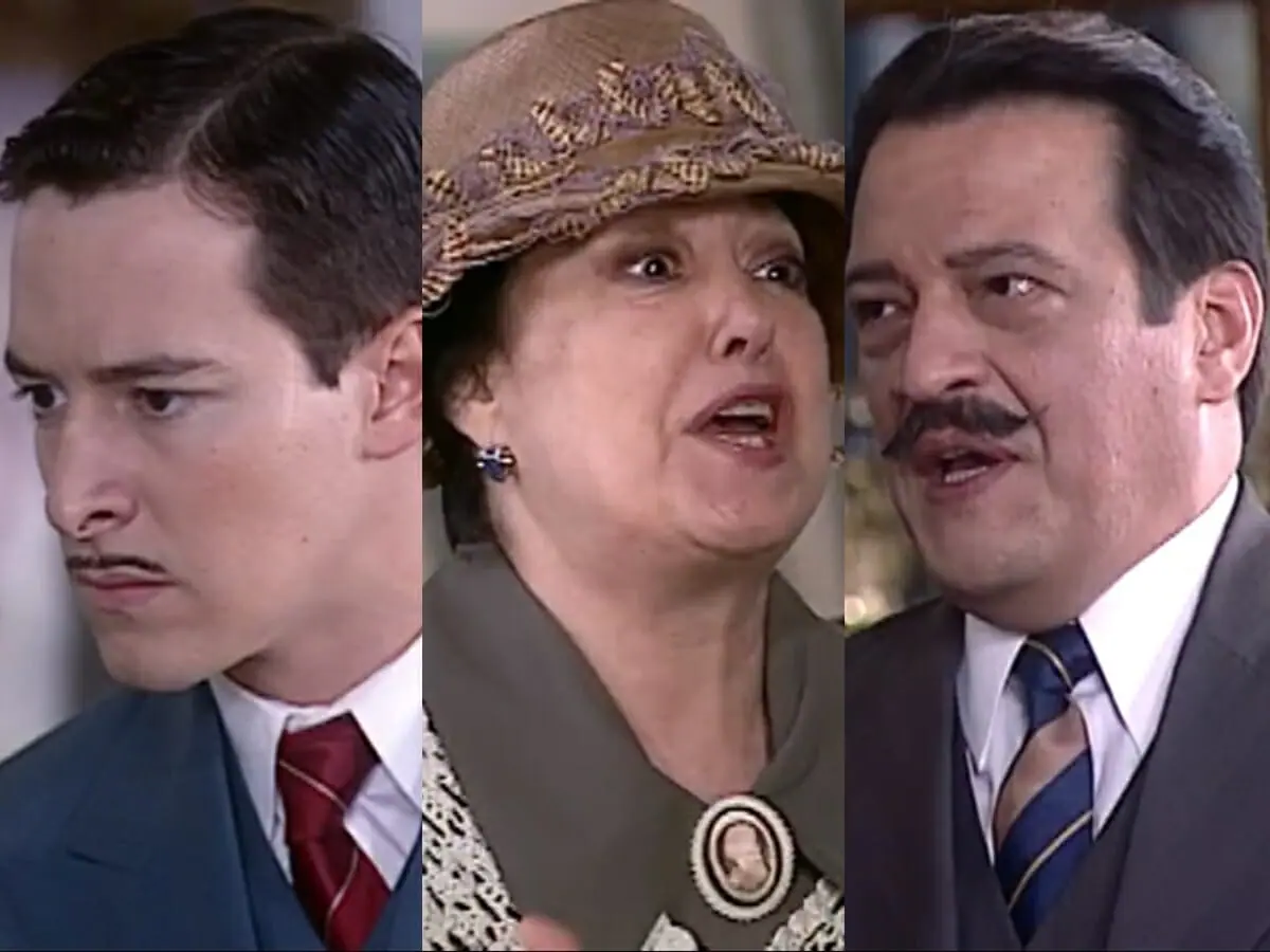 Heitor (Rodrigo Faro), Mimosa (Suely Franco) e Batista (Luis Melo) de O Cravo e a Rosa