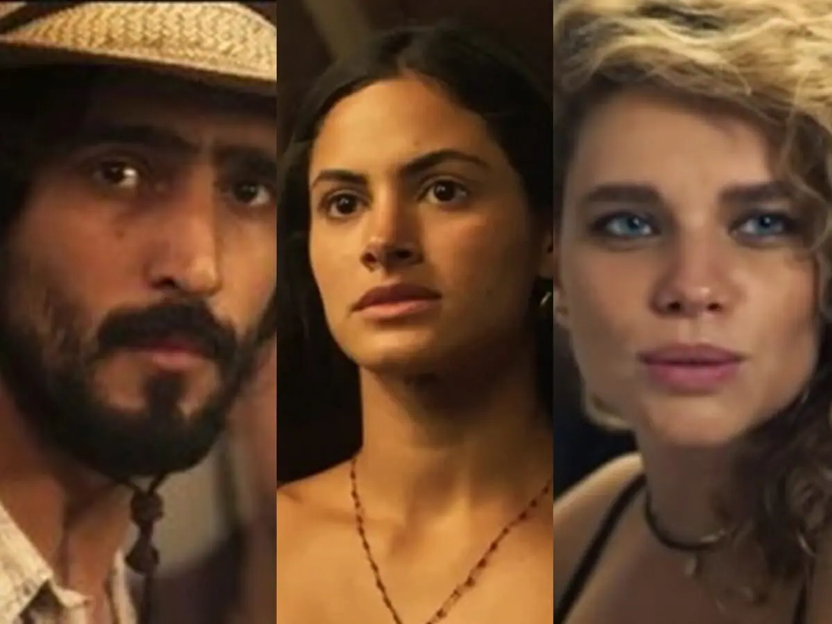 José Leôncio (Renato Góes), Filó (Letícia Salles) e Madeleine (Bruna Linzmeyer) em cena de Pantanal