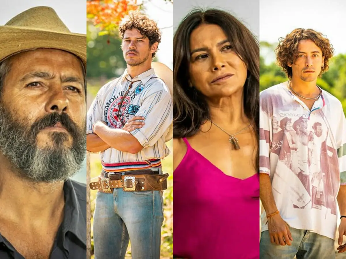 José Leôncio (Marcos Palmeira), Tadeu (José Loreto), Filó (Dira Paes) e Jove (Jesuíta Barbosa) de Pantanal
