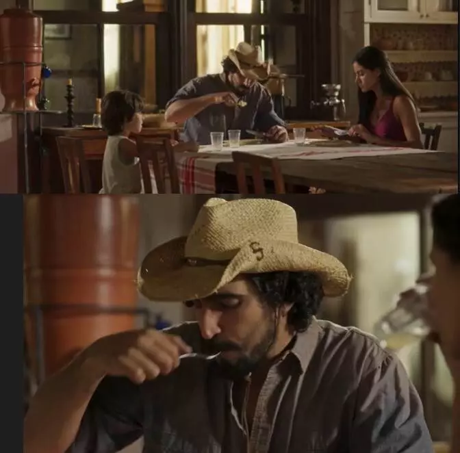 José Leôncio (Renato Góes) com Tadeu e Filó (Letícia Salles) em Pantanal