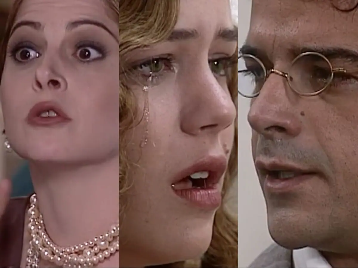 Marcela (Drica Moraes), Bianca (Leandra Leal) e Edmundo (Ângelo Antônio) de O Cravo e a Rosa