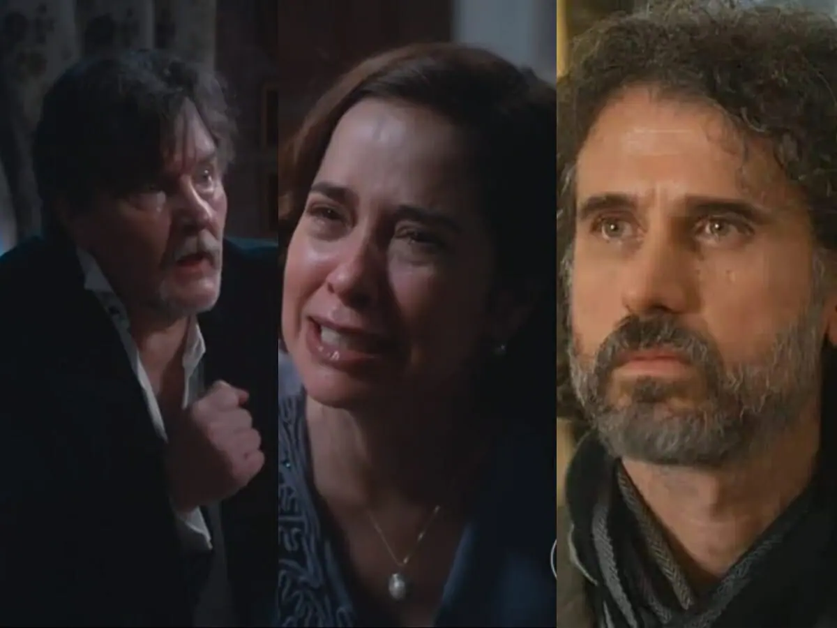 Matias (Antonio Calloni), Heloísa (Paloma Duarte) e Leônidas (Eriberto Leão) de Além da Ilusão