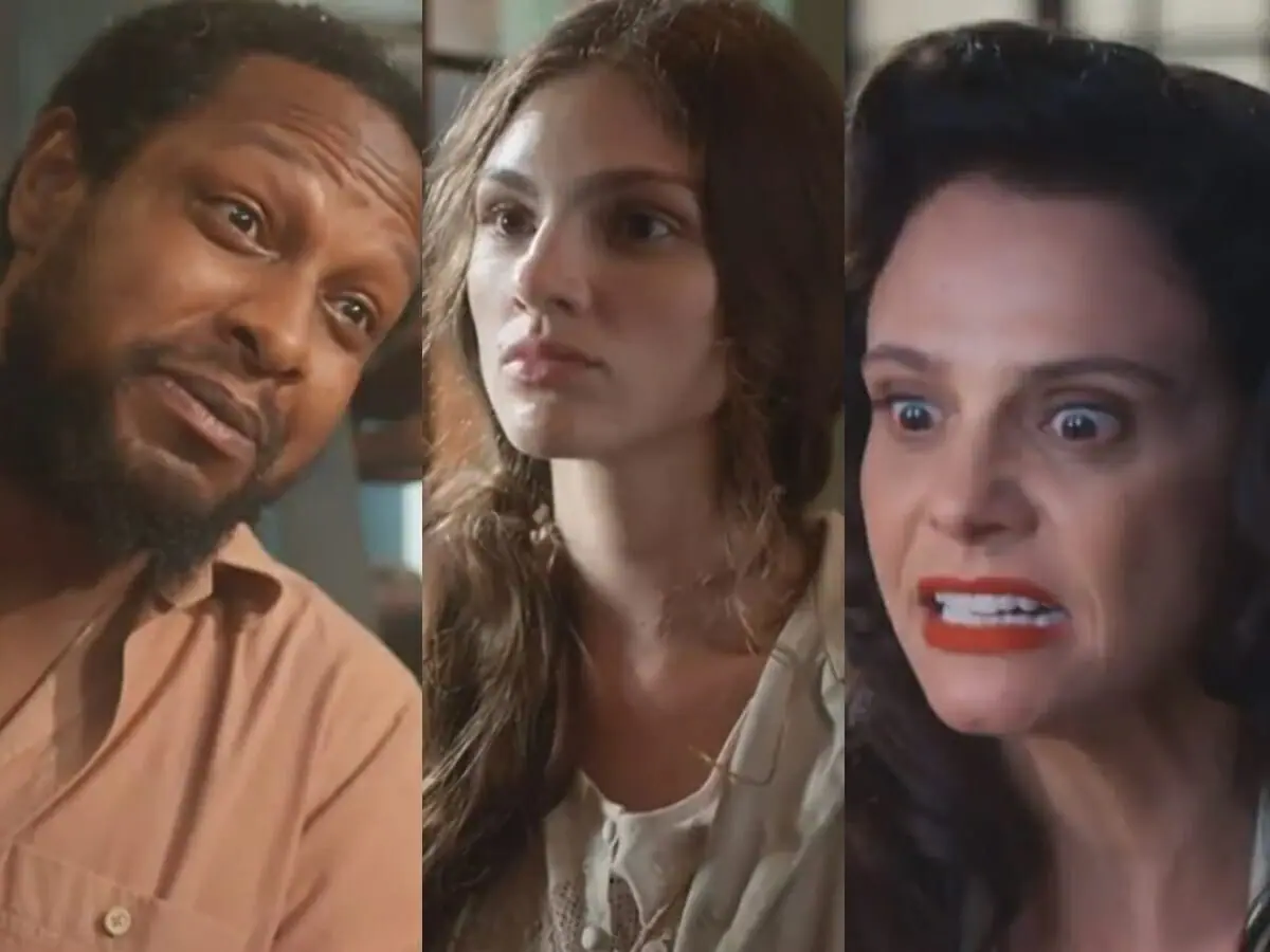 Onofre (Guilherme Silva), Olívia (Debora Ozório) e Violeta (Malu Galli) de Além da Ilusão