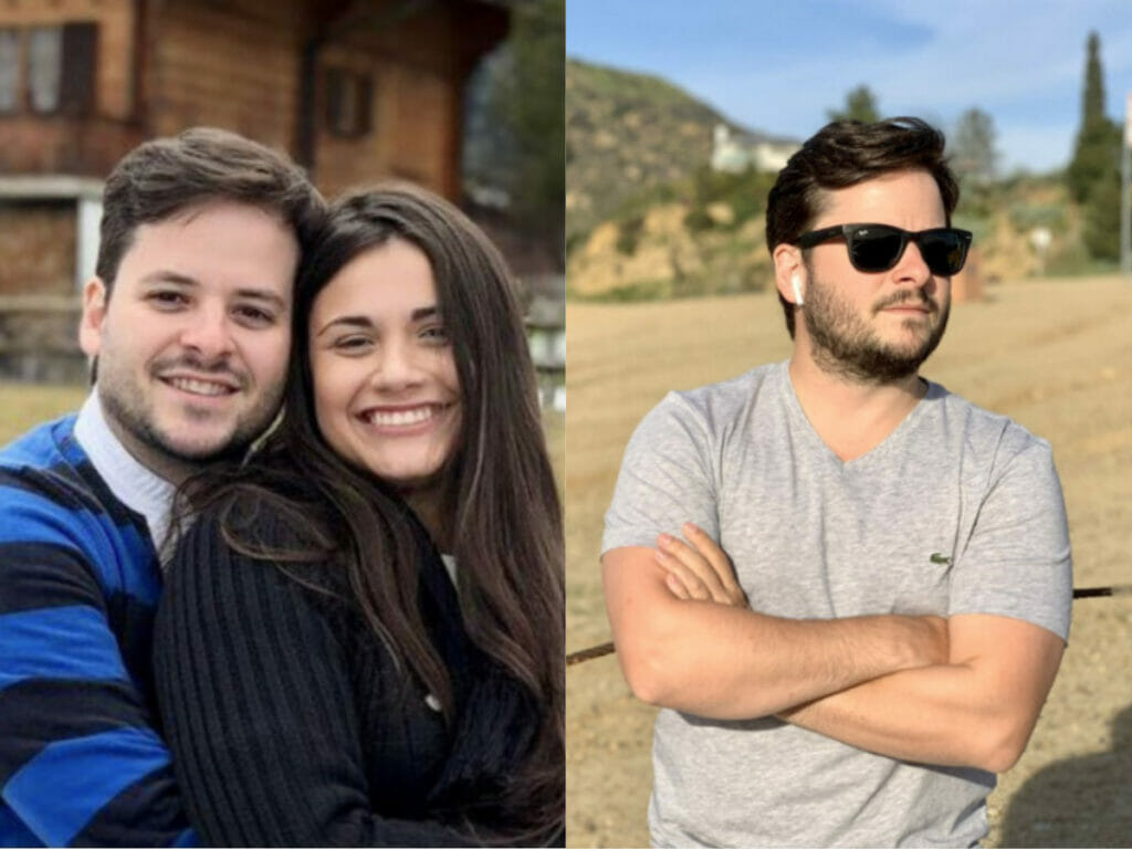 Thiago Oliveira com a namorada e sozinho, ao lado, atualmente