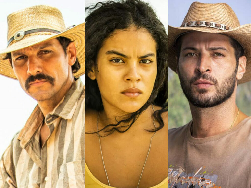Tibério (Guito), Muda (Bella Campos) e Levi (Leandro Lima) em Pantanal