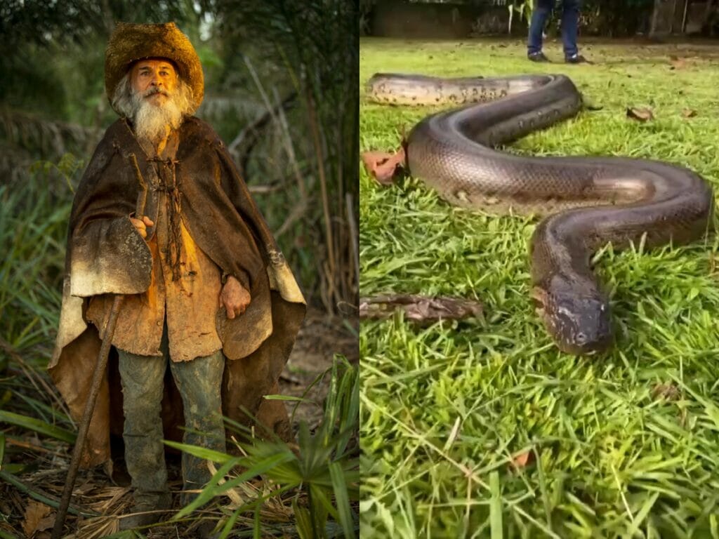 Velho do Rio (Osmar Prado) e Bonita, a cobra sucuri que faz a vers&atilde;o animal do personagem