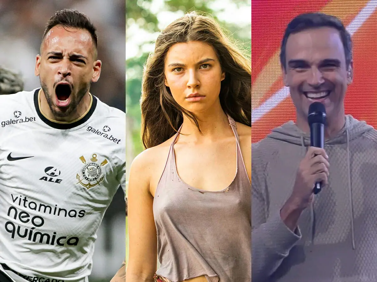 Maycon, volante do Corinthians; Alanis Guillen como Juma Marruá em Pantanal; e Tadeu Schmidt na final do BBB 22