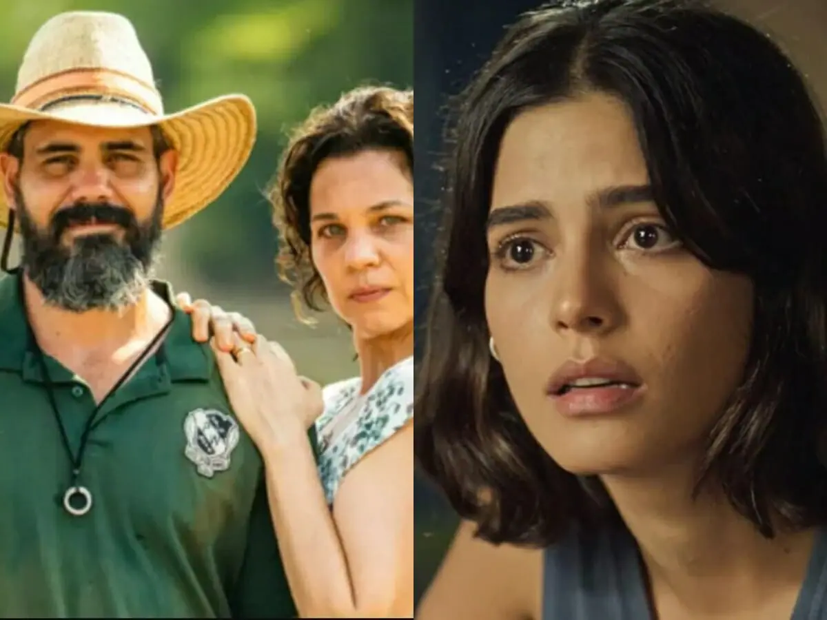 Alcides (Juliano Cazarré), Maria Bruaca (Isabel Teixeira) e Guta (Julia Dalavia) de Pantanal