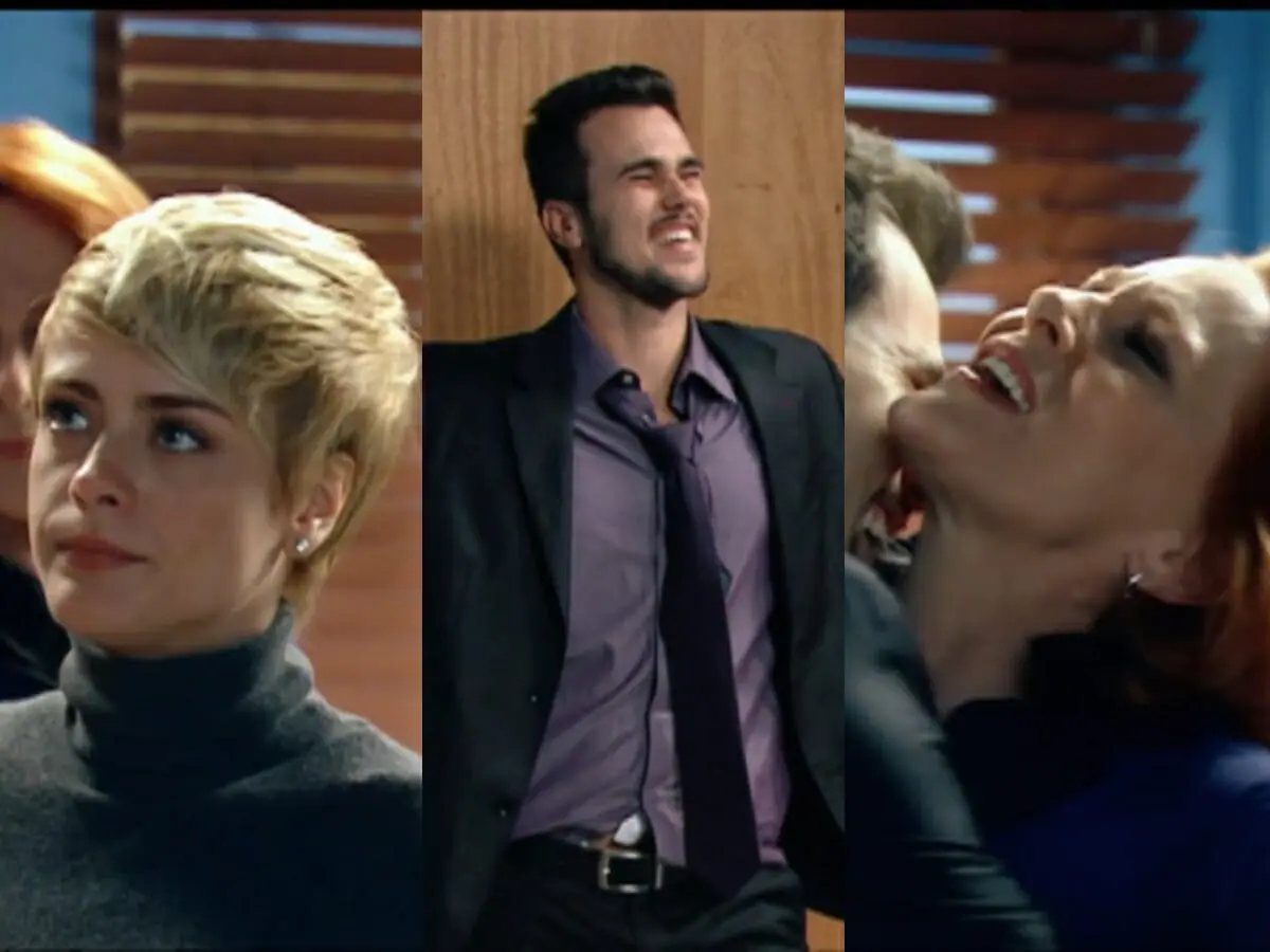 Carolina (Juliana Silveira), Tomás (Leonardo Brício) e Vilma (Lucinha Lins) de Chamas da Vida