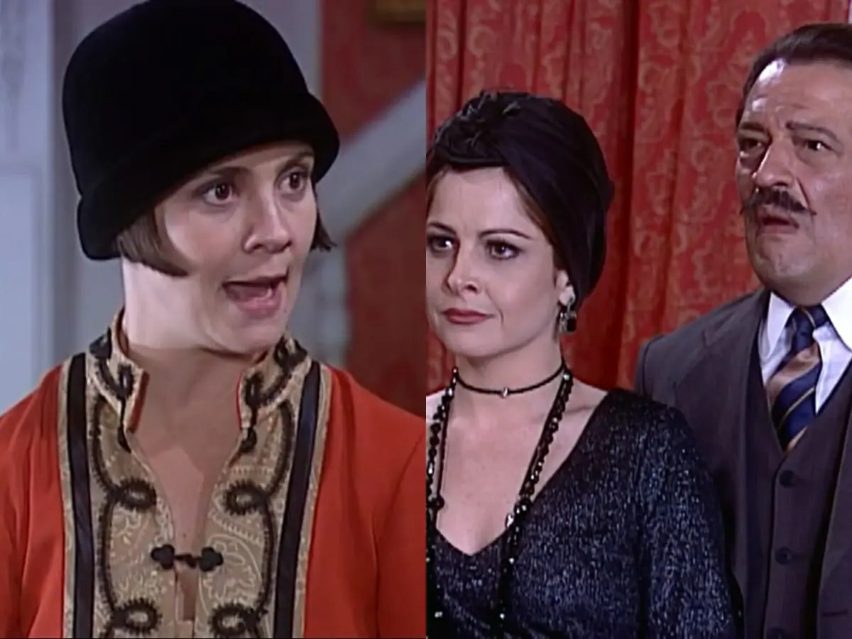 Catarina (Adriana Esteves), Marcela (Drica Moraes) e Batista (Luis Melo) de O Cravo e a Rosa