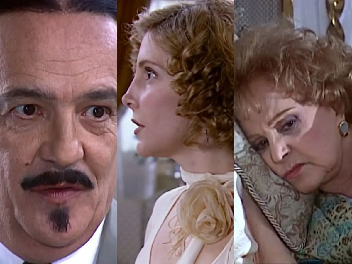 Cornélio (Ney Latorraca), Divina (Maria Padilha) e Josefa (Eva Todor) de O Cravo e a Rosa