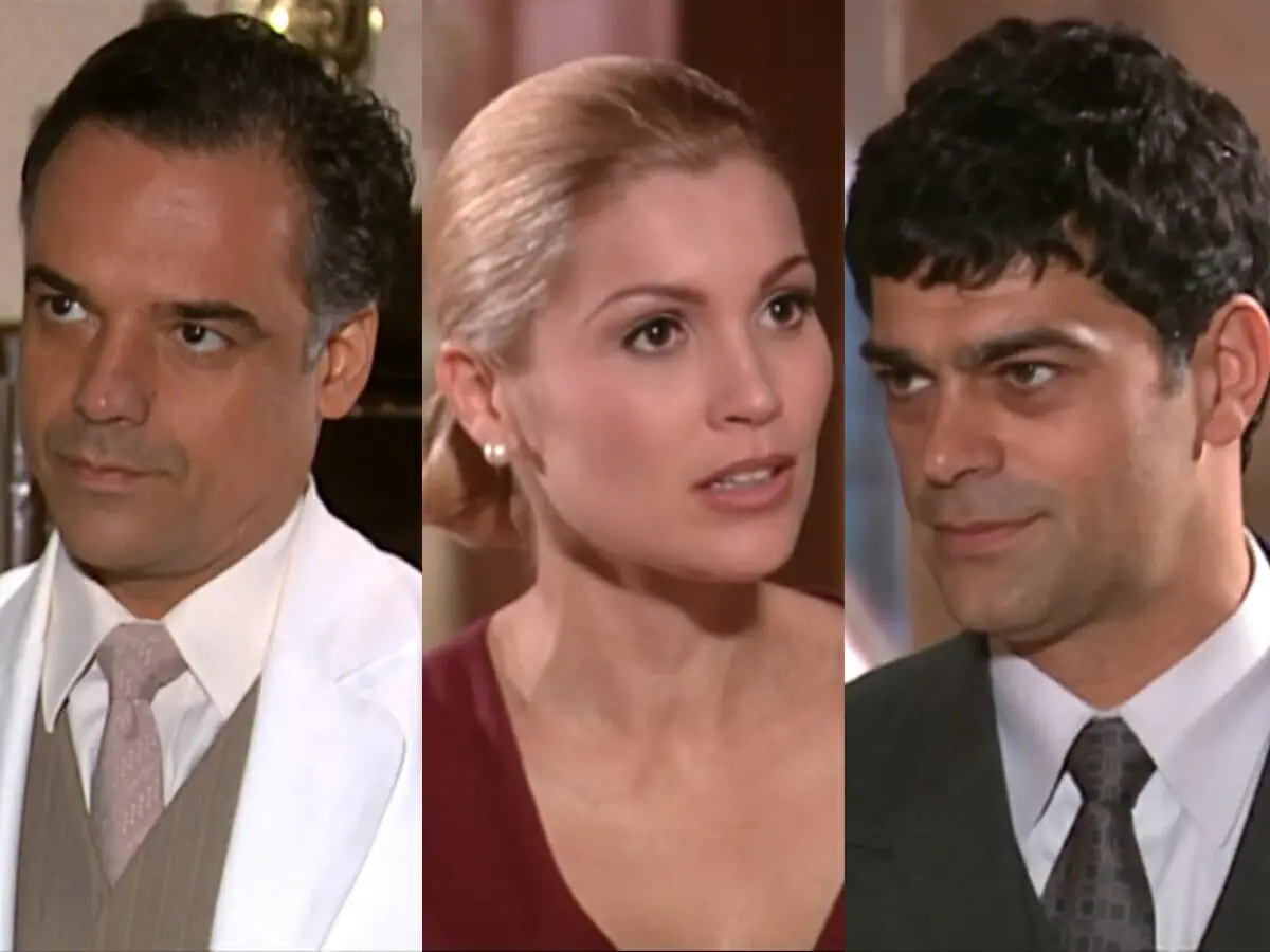 Eduardo (Ângelo Antônio), Cristina (Flávia Alessandra) e Rafael (Eduardo Moscovis) de O Cravo e a Rosa