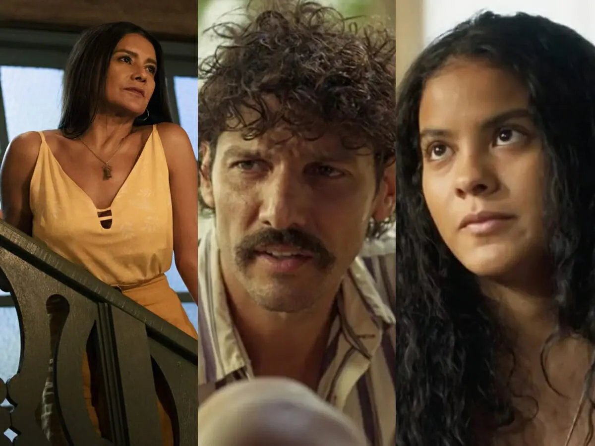 Filó (Dira Paes), Tibério (Guito) e Muda (Bella Campos) de Pantanal