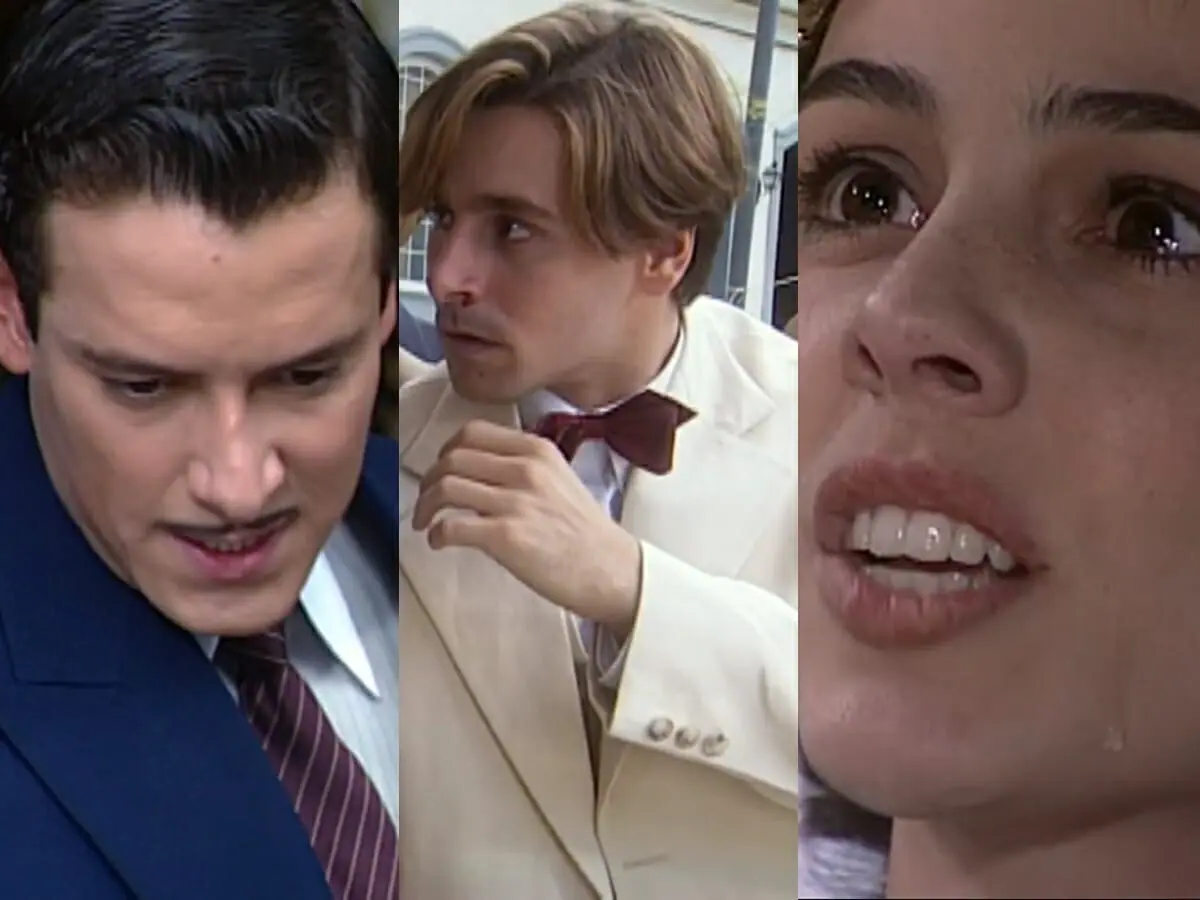 Heitor (Rodrigo Faro), Celso (Murilo Rosa) e Candoca (Miriam Freeland) de O Cravo e a Rosa