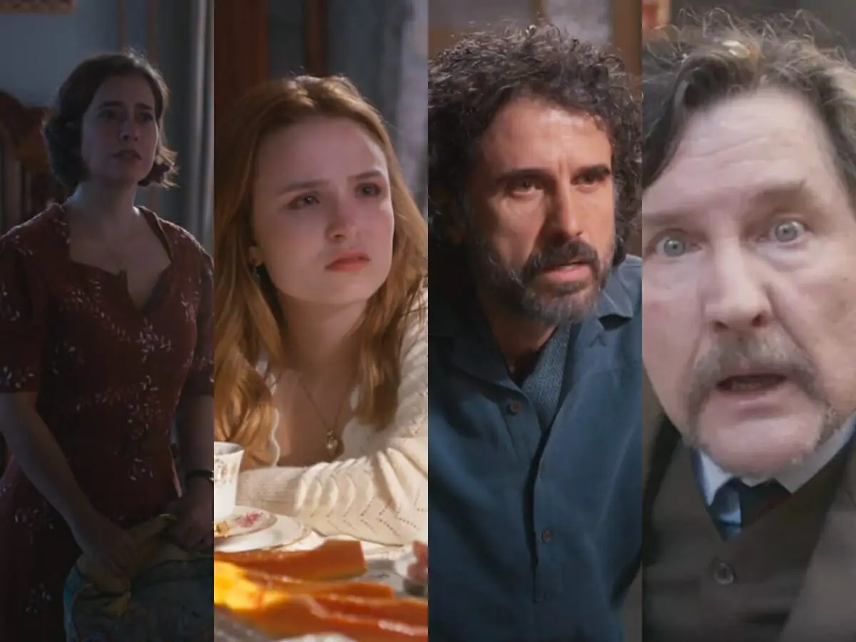 Heloísa (Paloma Duarte), Isadora (Larissa Manoela), Leônidas (Eriberto Leão) e Matias (Antonio Calloni) de Além da Ilusão