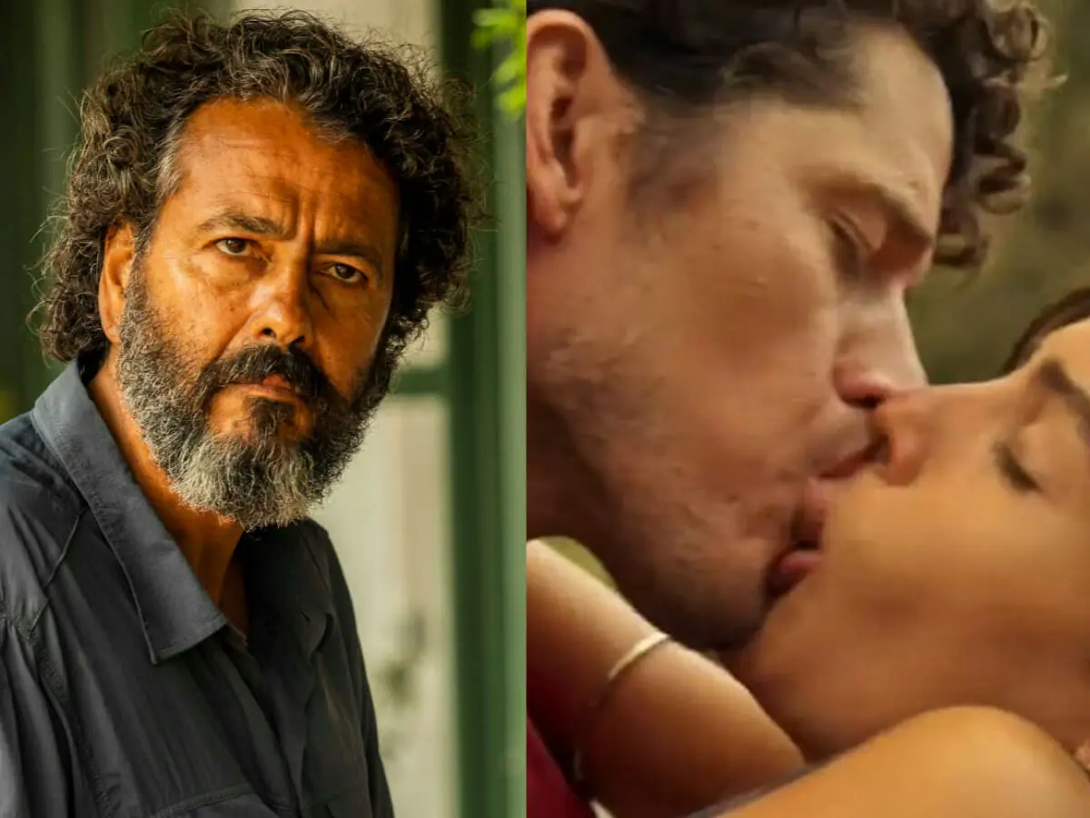 José Leôncio (Marcos Palmeira), Tadeu (José Loreto) e Guta (Julia Dalavia) em Pantanal