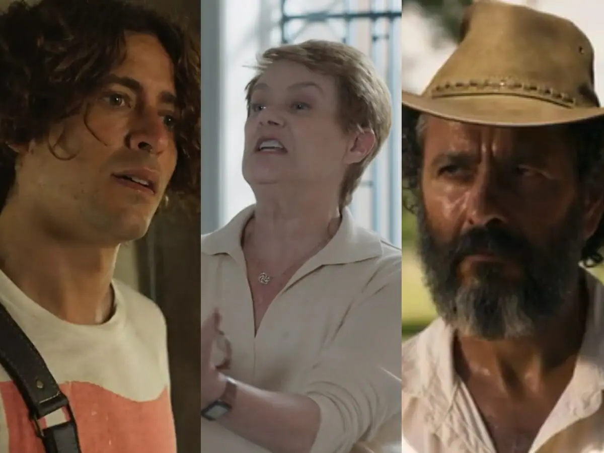 Jove (Jesuíta Barbosa), Mariana (Selma Egrei) e José Leôncio (Marcos Palmeira) de Pantanal