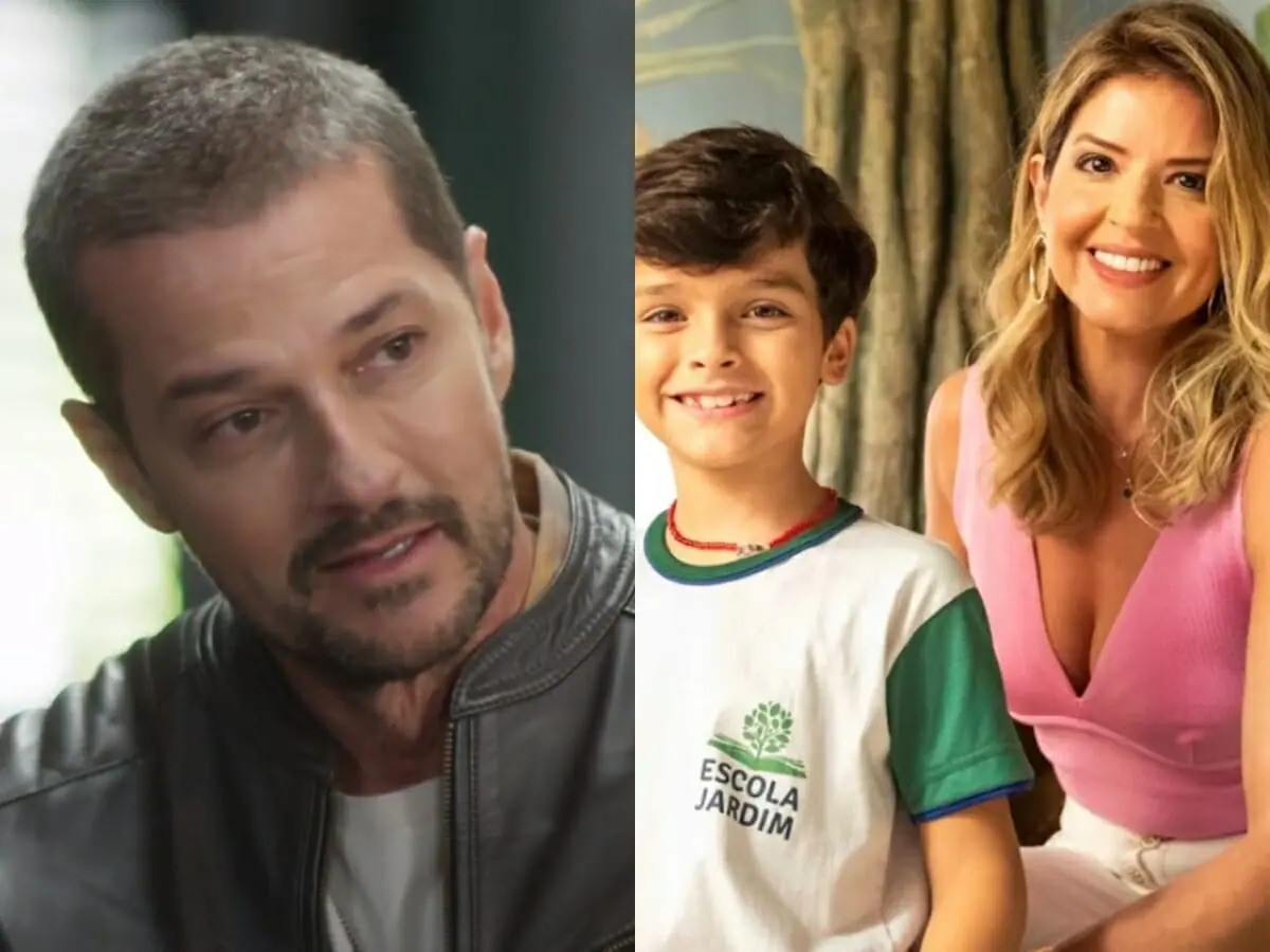 Moa (Marcelo Serrado), Chiquinho (Guilherme Tavares) e Rebeca (Mariana Santos) de Cara e Coragem