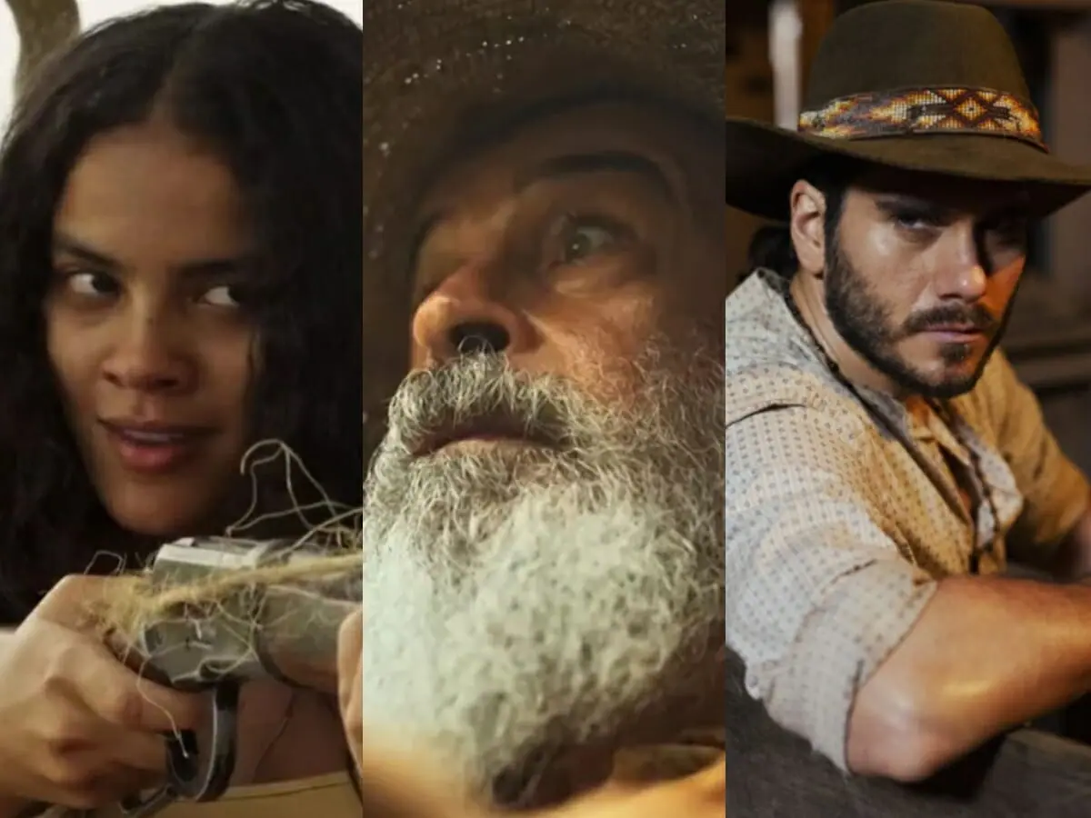 Muda (Bella Campos), Velho do Rio (Osmar Prado) e Trindade (Gabriel Sater) de Pantanal