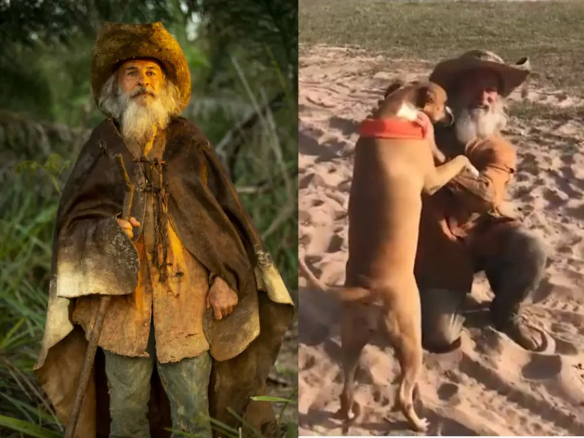 Velho do Rio (Osmar Prado) e ao lado o ator nos bastidores