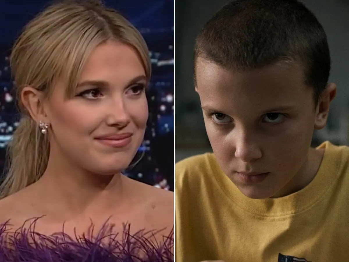 Millie Bobby Brown no talk show de Jimmy Fallon (2022, à esq.) e na 1ª temporada de Stranger Things