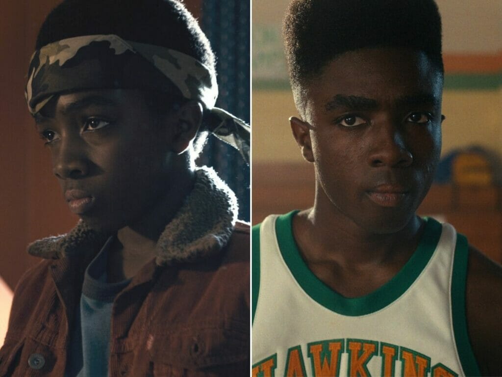 Caleb McLaughlin na primeira (à esq.) e quarta temporada de Stranger Things