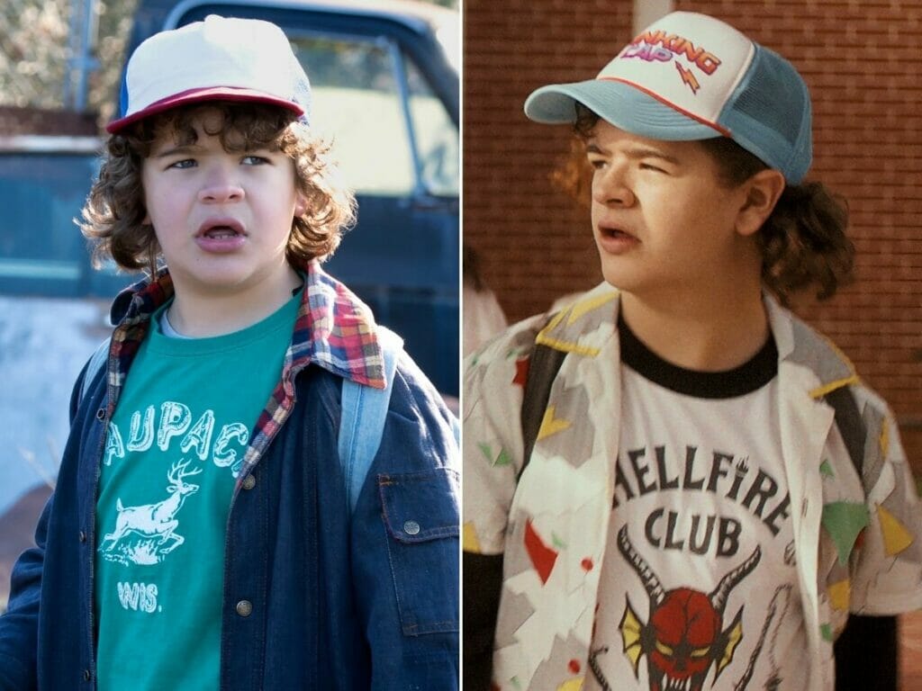 Gaten Matarazzo na primeira (à esq.) e quarta temporadas de Stranger Things