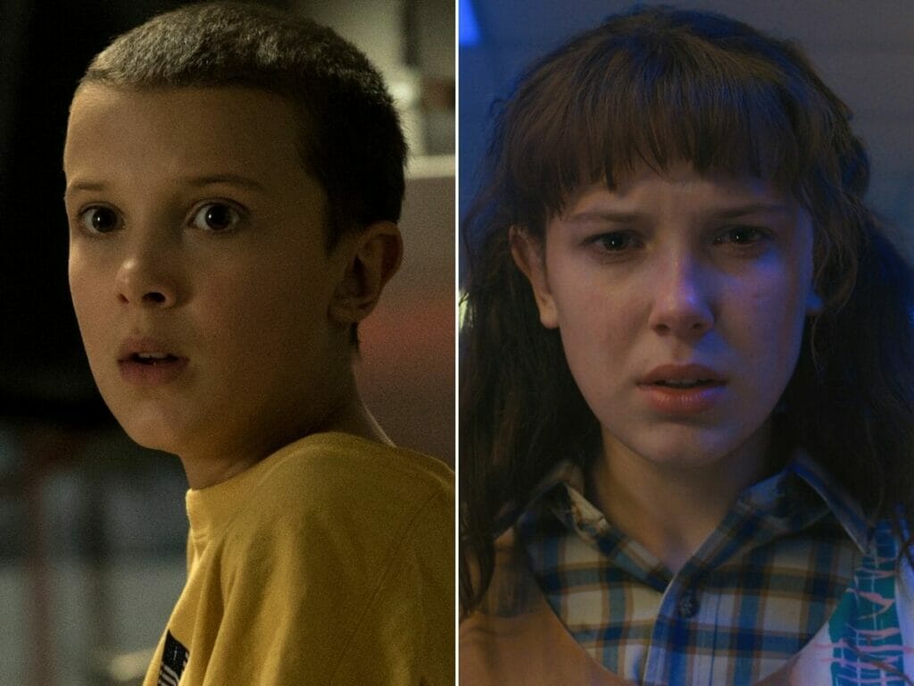 Millie Bobby Brown na primeira (à esq.) e quarta temporadas de Stranger Things