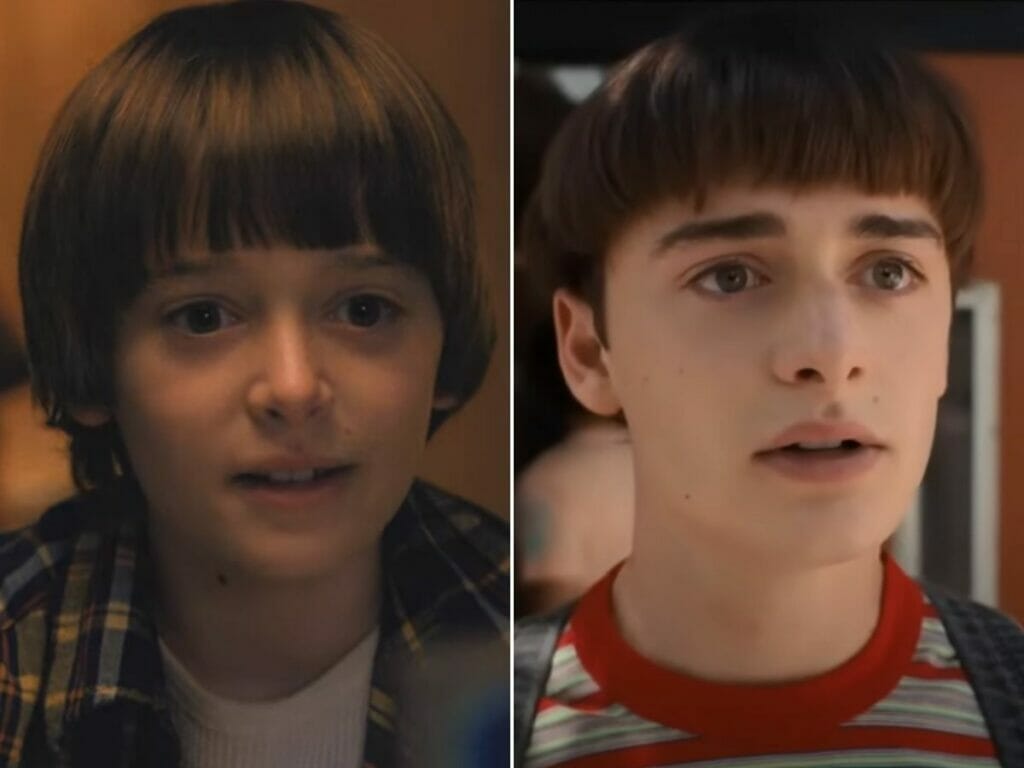 Noah Schnapp na primeira (à esq.) e quarta temporadas de Stranger Things