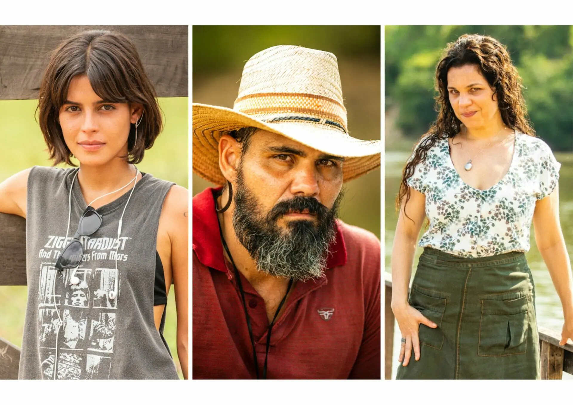 Guta (Julia Dalavia), Alcides (Juliano Cazarré) e Maria Bruaca (Isabel Teixeira) em Pantanal