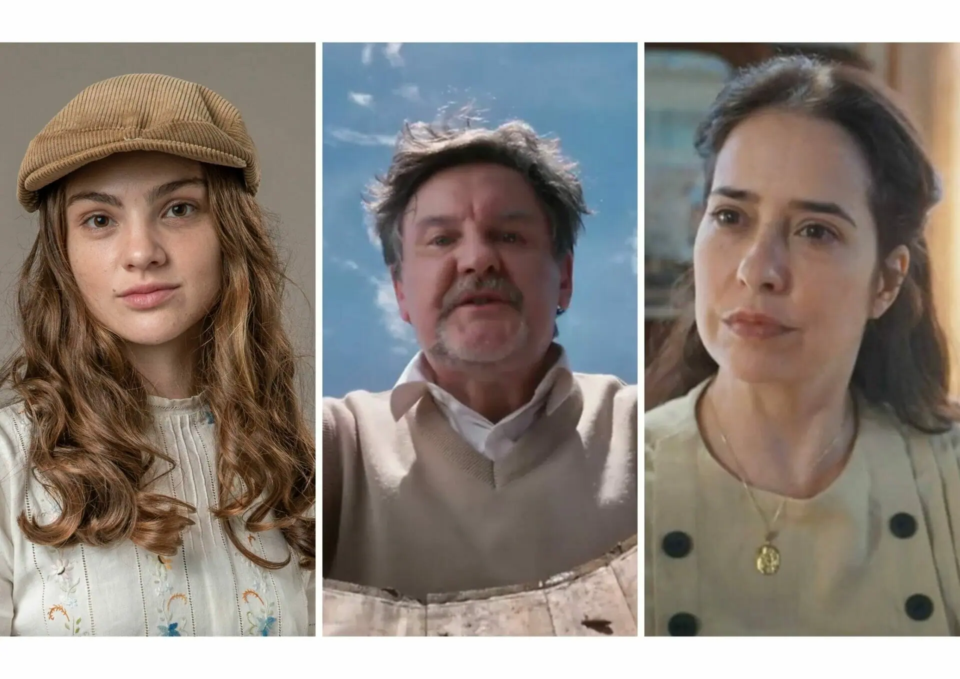Heloísa (Paloma Duarte), Olívia (Débora Ozório) e Matias (Antônio Calloni) de Além da Ilusão