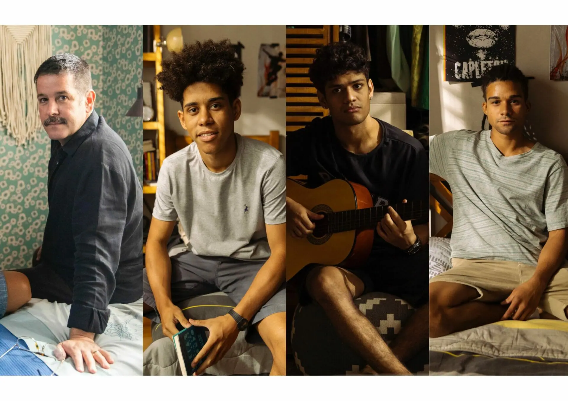 Tenório (Murilo Benício) com seus três filhos Marcelo (Lucas Leto), Roberto (Caue Campos) e Renato (Gabriel Santana) em Pantanal