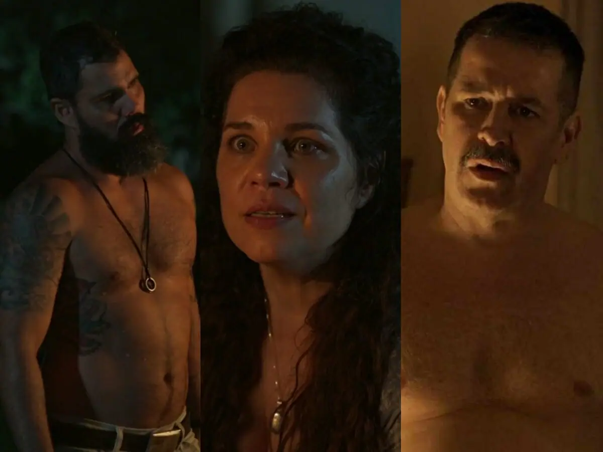 Alcides (Juliano Cazarré), Maria Bruaca (Isabel Teixeira) e Tenório (Murilo Benício) de Pantanal