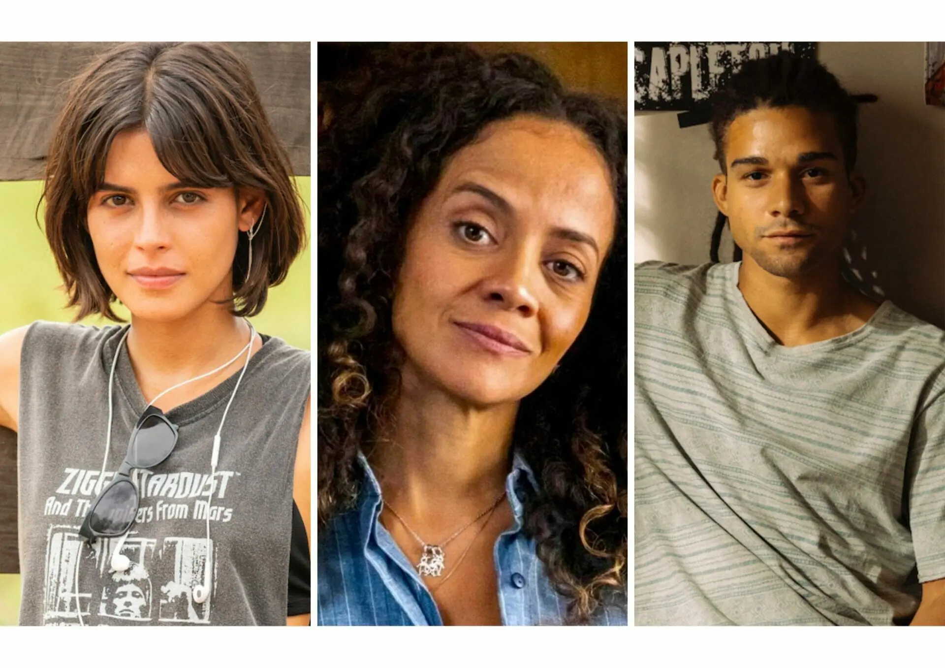 Guta (Julia Dalavia), Zuleica (Aline Borges) e Marcelo (Lucas Leto) em Pantanal