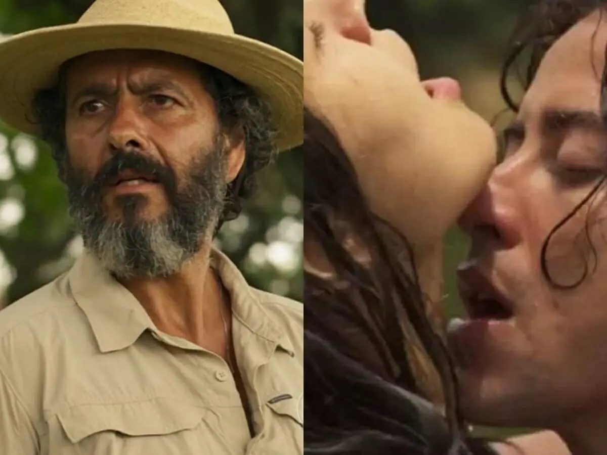 José Leôncio (Marcos Palmeira), Juma (Alanis Guillen) e Jove (Jesuíta Barbosa) de Pantanal