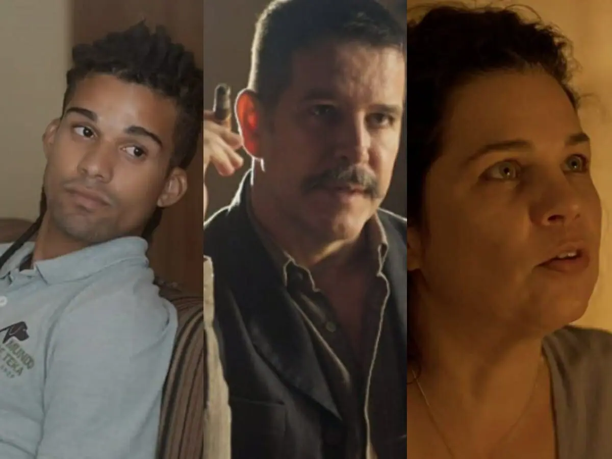 Marcelo (Lucas Leto), Tenório (Murilo Benício) e Maria Bruaca (Isabel Teixeira) de Pantanal