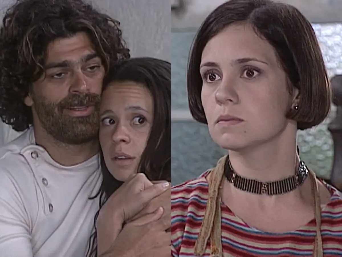 Petruchio (Eduardo Moscovis), Lindinha (Vanessa Gerbelli) e Catarina (Adriana Esteves) de O Cravo e a Rosa